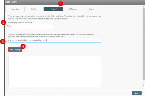 Emails tab in Data Purge page