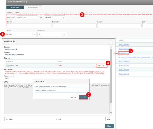 Resending a failed email in the Email Troubleshooting page