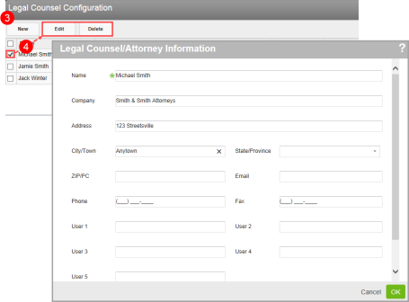 Legal Counsel Configuration page