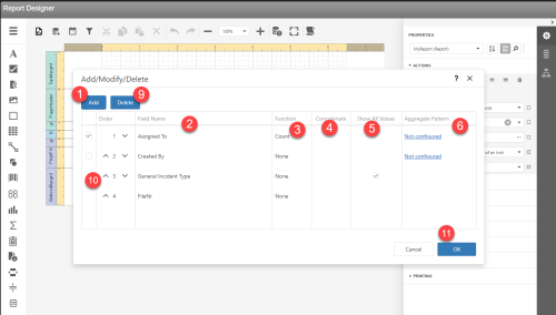Screenshot of the Add, Modify, Delete dialog for Report Designer