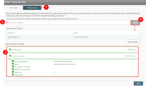 Sending a test email in the Troubleshooting tab