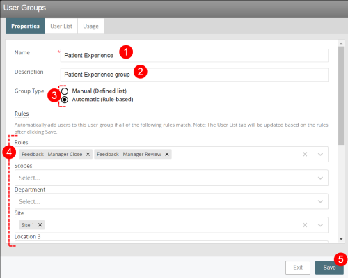 User Groups Properties tab